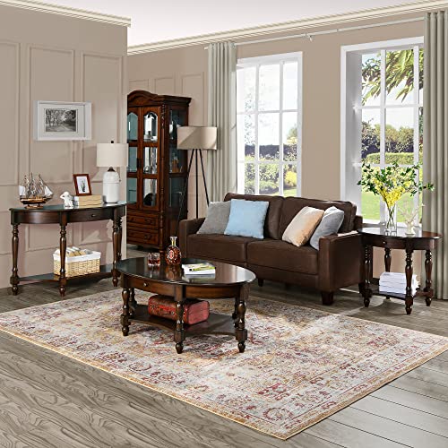 LEEMTORIG Oval Coffee Tables for Living Room, Round Wood Coffee Table with Storage Drawer and Shelf, Durable Classic Cocktail Table, 44.9"W x 27.6"D x 18.2"H, Easy Assemble, Dark Walnut, KFZ-2233-DC