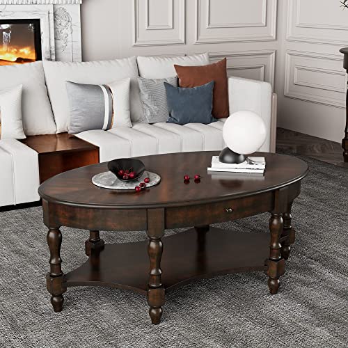 LEEMTORIG Oval Coffee Tables for Living Room, Round Wood Coffee Table with Storage Drawer and Shelf, Durable Classic Cocktail Table, 44.9"W x 27.6"D x 18.2"H, Easy Assemble, Dark Walnut, KFZ-2233-DC