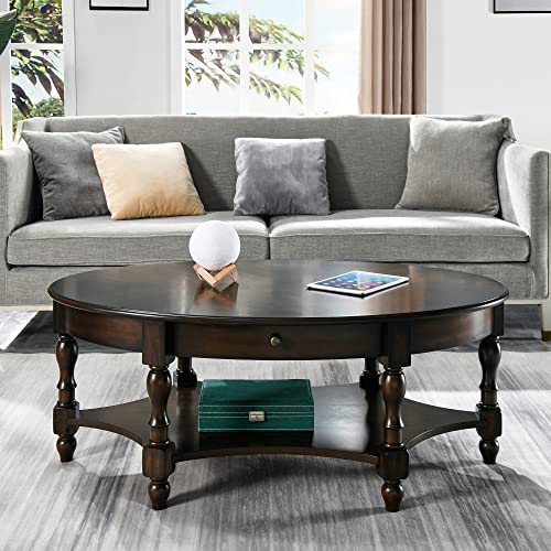 LEEMTORIG Oval Coffee Tables for Living Room, Round Wood Coffee Table with Storage Drawer and Shelf, Durable Classic Cocktail Table, 44.9"W x 27.6"D x 18.2"H, Easy Assemble, Dark Walnut, KFZ-2233-DC
