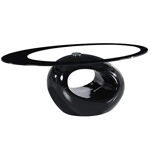 Oval Glass Coffee Table with Tempered Glass Top High Gloss Hollow Storage Shelf Base Modern Stylish Center Table Easy to Clean for Home Living Room Bedroom Office Black