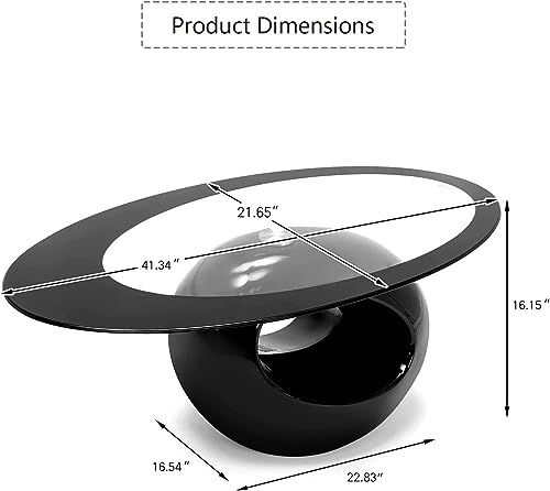 Oval Glass Coffee Table with Tempered Glass Top High Gloss Hollow Storage Shelf Base Modern Stylish Center Table Easy to Clean for Home Living Room Bedroom Office Black