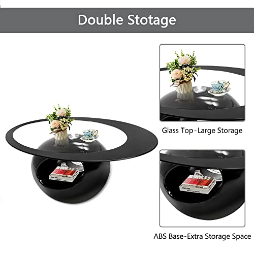 Oval Glass Coffee Table with Tempered Glass Top High Gloss Hollow Storage Shelf Base Modern Stylish Center Table Easy to Clean for Home Living Room Bedroom Office Black