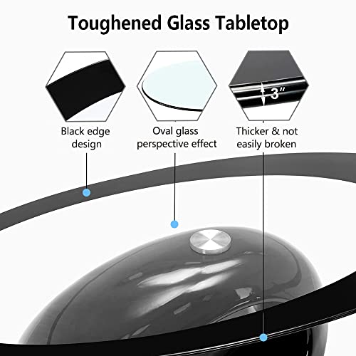 Oval Glass Coffee Table with Tempered Glass Top High Gloss Hollow Storage Shelf Base Modern Stylish Center Table Easy to Clean for Home Living Room Bedroom Office Black