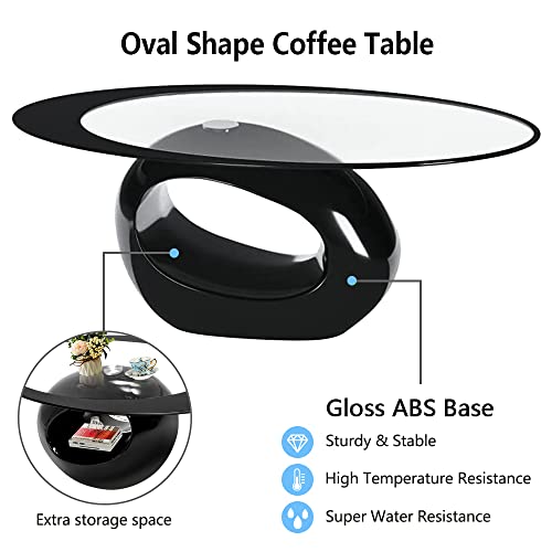 Oval Glass Coffee Table with Tempered Glass Top High Gloss Hollow Storage Shelf Base Modern Stylish Center Table Easy to Clean for Home Living Room Bedroom Office Black