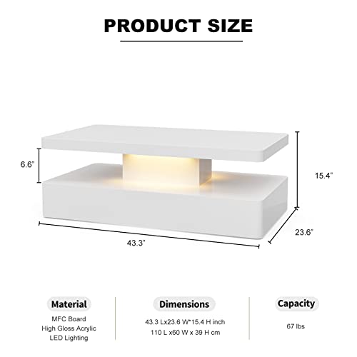 IKIFLY Modern High Glossy White Coffee Table with 16 Colors LED Lights, Contemporary Rectangle Design Living Room Furniture, 2 Tiers