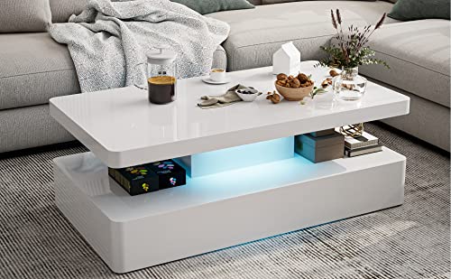 IKIFLY Modern High Glossy White Coffee Table with 16 Colors LED Lights, Contemporary Rectangle Design Living Room Furniture, 2 Tiers