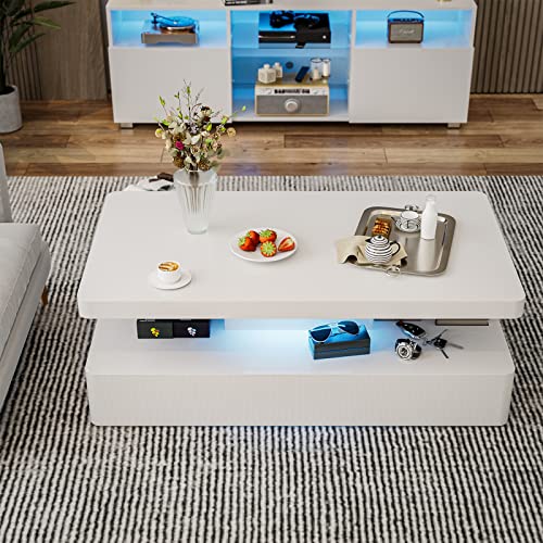 IKIFLY Modern High Glossy White Coffee Table with 16 Colors LED Lights, Contemporary Rectangle Design Living Room Furniture, 2 Tiers