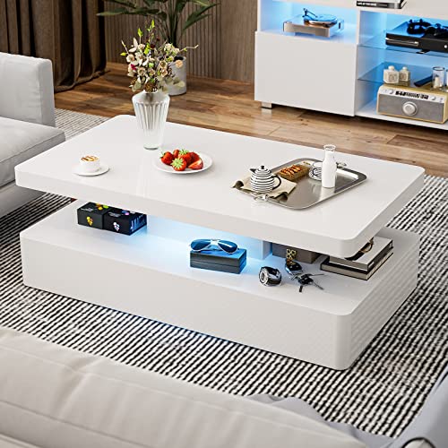 IKIFLY Modern High Glossy White Coffee Table with 16 Colors LED Lights, Contemporary Rectangle Design Living Room Furniture, 2 Tiers