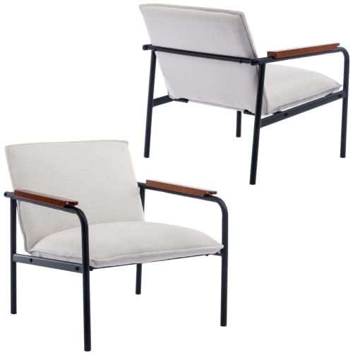 LukeAlon Modern Linen Lounge Chairs Set of 2 with Metal Legs, Mid Century Living Room Accent Chair Retro Comfy Low Reading Chair with Wooden Armrest for Home Office Study Room, Beige