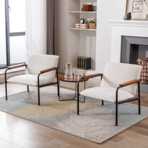 LukeAlon Modern Linen Lounge Chairs Set of 2 with Metal Legs, Mid Century Living Room Accent Chair Retro Comfy Low Reading Chair with Wooden Armrest for Home Office Study Room, Beige