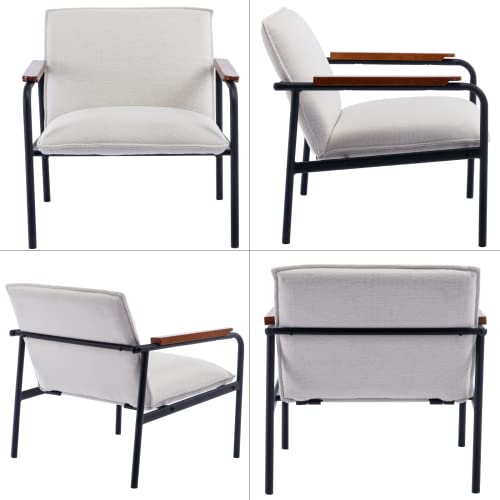 LukeAlon Modern Linen Lounge Chairs Set of 2 with Metal Legs, Mid Century Living Room Accent Chair Retro Comfy Low Reading Chair with Wooden Armrest for Home Office Study Room, Beige