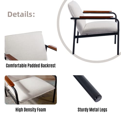 LukeAlon Modern Linen Lounge Chairs Set of 2 with Metal Legs, Mid Century Living Room Accent Chair Retro Comfy Low Reading Chair with Wooden Armrest for Home Office Study Room, Beige