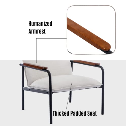LukeAlon Modern Linen Lounge Chairs Set of 2 with Metal Legs, Mid Century Living Room Accent Chair Retro Comfy Low Reading Chair with Wooden Armrest for Home Office Study Room, Beige
