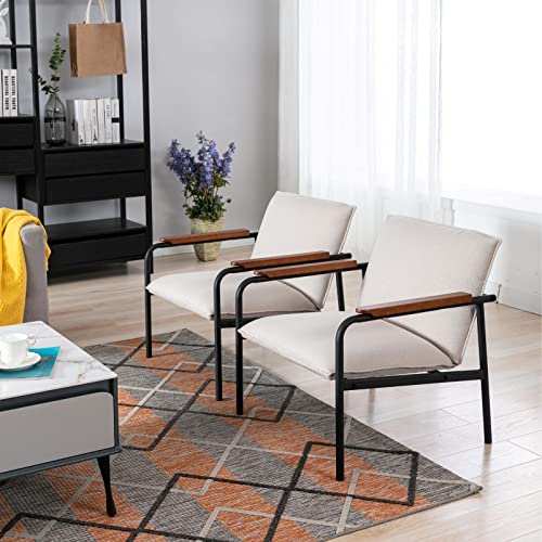 LukeAlon Modern Linen Lounge Chairs Set of 2 with Metal Legs, Mid Century Living Room Accent Chair Retro Comfy Low Reading Chair with Wooden Armrest for Home Office Study Room, Beige