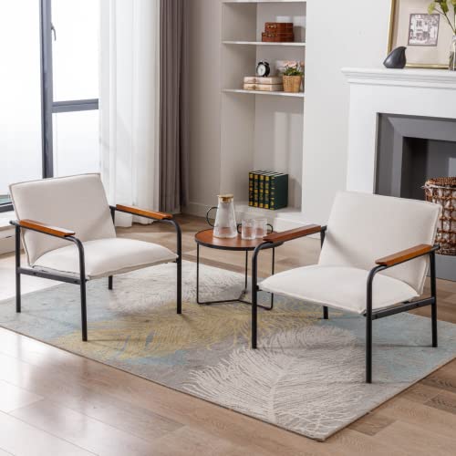 LukeAlon Modern Linen Lounge Chairs Set of 2 with Metal Legs, Mid Century Living Room Accent Chair Retro Comfy Low Reading Chair with Wooden Armrest for Home Office Study Room, Beige