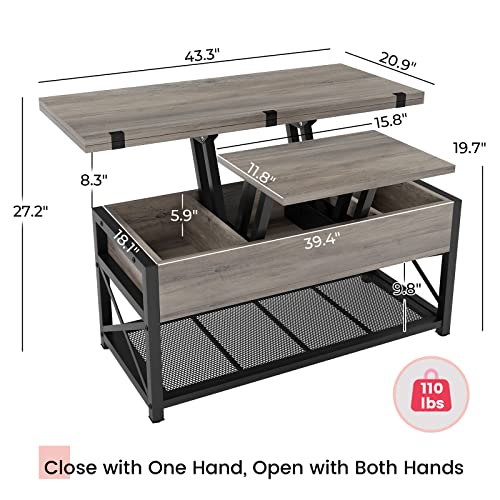 Itaar 43" Lift Top Coffee Table, 3 in 1 Multi-Function Coffee Table with Storage for Living Room, Small Coffee Table for Dining Reception Room, Grey