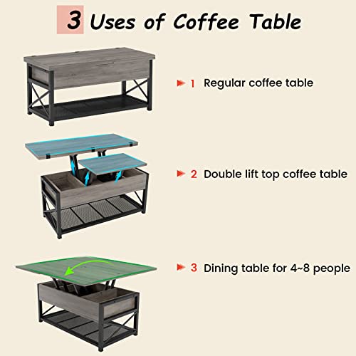 Itaar 43" Lift Top Coffee Table, 3 in 1 Multi-Function Coffee Table with Storage for Living Room, Small Coffee Table for Dining Reception Room, Grey