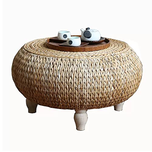 QQXX Rustic Rattan Coffee Table,Round Coffee Table for Living Room,Hand Woven Wicker Side Table,Farmhouse Wood Low Table Tatami Table Seagrass Tea Table(19.68 × 19.68 × 13.77inch, Nature)