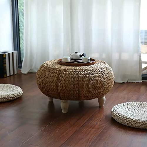 QQXX Rustic Rattan Coffee Table,Round Coffee Table for Living Room,Hand Woven Wicker Side Table,Farmhouse Wood Low Table Tatami Table Seagrass Tea Table(19.68 × 19.68 × 13.77inch, Nature)