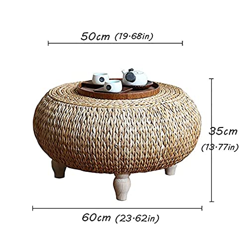 QQXX Rustic Rattan Coffee Table,Round Coffee Table for Living Room,Hand Woven Wicker Side Table,Farmhouse Wood Low Table Tatami Table Seagrass Tea Table(19.68 × 19.68 × 13.77inch, Nature)