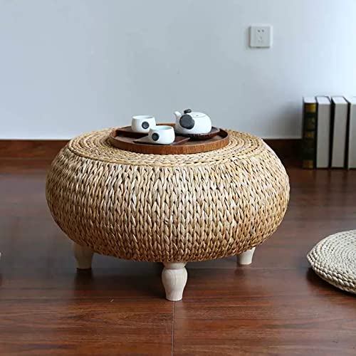 QQXX Rustic Rattan Coffee Table,Round Coffee Table for Living Room,Hand Woven Wicker Side Table,Farmhouse Wood Low Table Tatami Table Seagrass Tea Table(19.68 × 19.68 × 13.77inch, Nature)