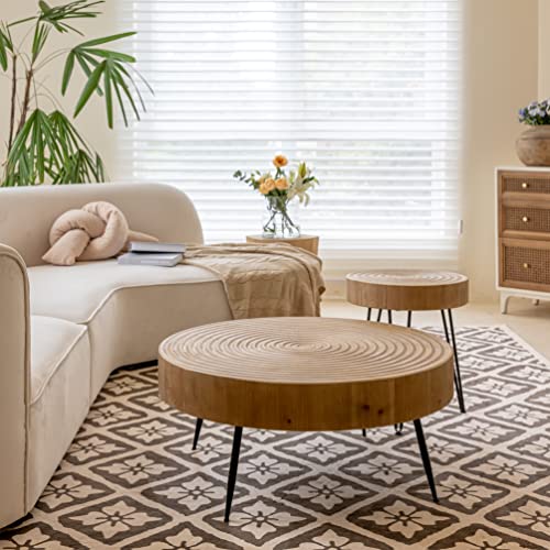 LONYKE 2-Piece Boho Farmhouse Living Room Coffee Table Set, Nesting Table Round Natural Finish with Handcrafted Wood Ring Motif, French Country Decor, Round