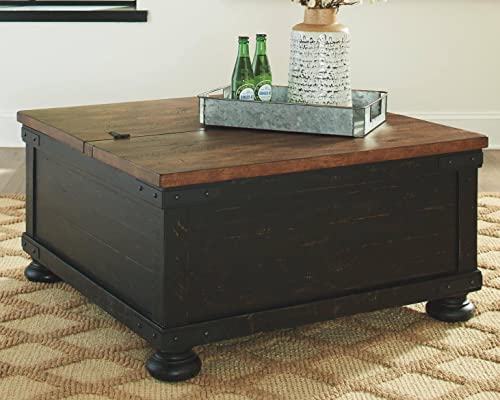 Signature Design by Ashley Valebeck Farmhouse Lift Top Coffee Table with Storage, Distressed Brown & Black Finish, 36 in x 36 in x 18 in