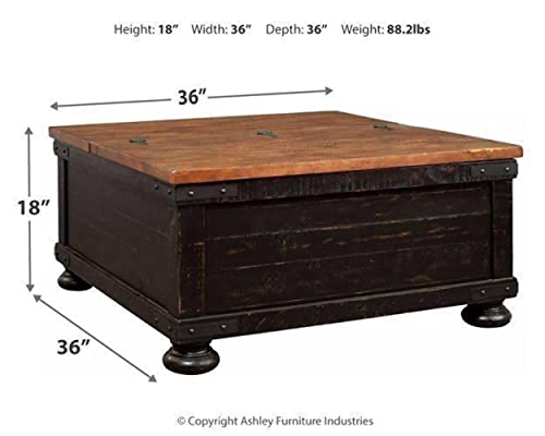 Signature Design by Ashley Valebeck Farmhouse Lift Top Coffee Table with Storage, Distressed Brown & Black Finish, 36 in x 36 in x 18 in