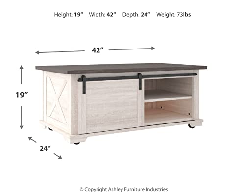 Signature Design by Ashley Dorrinson Farmhouse Coffee Table with Sliding Barn Doors, Antique White & Brown