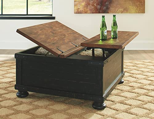 Signature Design by Ashley Valebeck Farmhouse Lift Top Coffee Table with Storage, Distressed Brown & Black Finish, 36 in x 36 in x 18 in