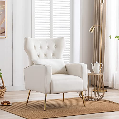 DM Furniture DM-Furniture Accent Chairs Set of 2 Comfy Velvet Armchair with Gold Legs/Wing Back Upholstered Reading Chair Lounge Chairs for Bedroom Living Room, Cream, Hh- Cream