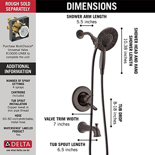 Delta Faucet Linden 17 Series Dual-Function Tub and Shower Trim Kit, Shower Faucet with 4-Spray In2ition 2-in-1 Dual Hand Held Shower Head with Hose, Venetian Bronze T17494-RB-I (Valve Not Included)