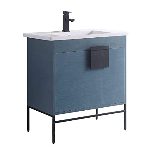 Fine Fixtures - Modern Blue 30" Bathroom Vanity Set, Black Matte Hardware, Vireous China Sink Top