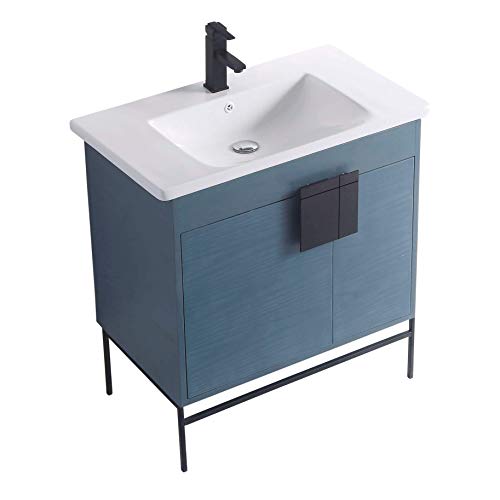 Fine Fixtures - Modern Blue 30" Bathroom Vanity Set, Black Matte Hardware, Vireous China Sink Top