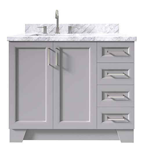 ARIEL 43" Inch Grey Bathroom Vanity with 1.5" Inch Thick Edge Italian Carrara Marble Countertop | Left Offset | Rectangle Sink | 2 Soft-Closing Doors 5 Full Extension Dovetail Drawers | Satin Nickel