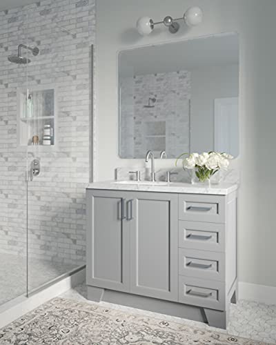 ARIEL 43" Inch Grey Bathroom Vanity with 1.5" Inch Thick Edge Italian Carrara Marble Countertop | Left Offset | Rectangle Sink | 2 Soft-Closing Doors 5 Full Extension Dovetail Drawers | Satin Nickel