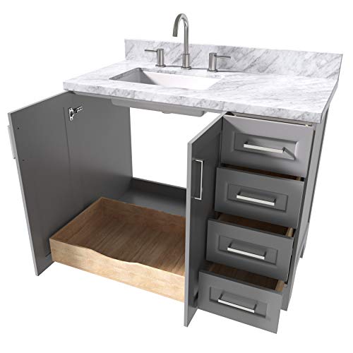 ARIEL 43" Inch Grey Bathroom Vanity with 1.5" Inch Thick Edge Italian Carrara Marble Countertop | Left Offset | Rectangle Sink | 2 Soft-Closing Doors 5 Full Extension Dovetail Drawers | Satin Nickel