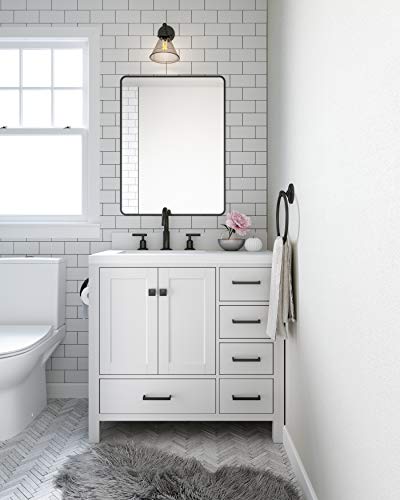 ARIEL 37" Inch White Bathroom Vanity w/ 1.5" Inch Edge Pure White Quartz Countertop & Backsplash | Left Rectangular Sink | 2 Soft Closing Doors & 5 Full Extension Dovetail Drawers | Matte Black Pulls