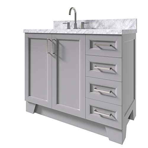 ARIEL 43" Inch Grey Bathroom Vanity with 1.5" Inch Thick Edge Italian Carrara Marble Countertop | Left Offset | Rectangle Sink | 2 Soft-Closing Doors 5 Full Extension Dovetail Drawers | Satin Nickel