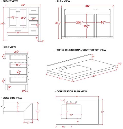 ARIEL 37" Inch White Bathroom Vanity w/ 1.5" Inch Edge Pure White Quartz Countertop & Backsplash | Left Rectangular Sink | 2 Soft Closing Doors & 5 Full Extension Dovetail Drawers | Matte Black Pulls