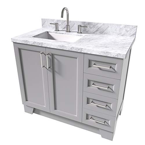 ARIEL 43" Inch Grey Bathroom Vanity with 1.5" Inch Thick Edge Italian Carrara Marble Countertop | Left Offset | Rectangle Sink | 2 Soft-Closing Doors 5 Full Extension Dovetail Drawers | Satin Nickel