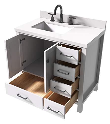 ARIEL 37" Inch White Bathroom Vanity w/ 1.5" Inch Edge Pure White Quartz Countertop & Backsplash | Left Rectangular Sink | 2 Soft Closing Doors & 5 Full Extension Dovetail Drawers | Matte Black Pulls