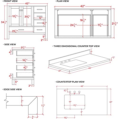 ARIEL 43" Inch Grey Bathroom Vanity with 1.5" Inch Thick Edge Italian Carrara Marble Countertop | Left Offset | Rectangle Sink | 2 Soft-Closing Doors 5 Full Extension Dovetail Drawers | Satin Nickel