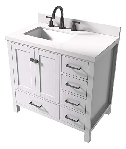 ARIEL 37" Inch White Bathroom Vanity w/ 1.5" Inch Edge Pure White Quartz Countertop & Backsplash | Left Rectangular Sink | 2 Soft Closing Doors & 5 Full Extension Dovetail Drawers | Matte Black Pulls