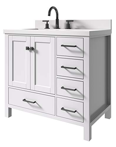 ARIEL 37" Inch White Bathroom Vanity w/ 1.5" Inch Edge Pure White Quartz Countertop & Backsplash | Left Rectangular Sink | 2 Soft Closing Doors & 5 Full Extension Dovetail Drawers | Matte Black Pulls