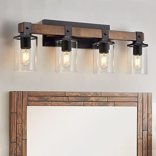 DADUL 4-Light Bathroom Vanity Light, Farmhouse Bathroom Light Fixtures Over Mirror, Classic Wood Vanity Light with Clear Glass Shade, Black Wall Sconce for Bathroom, Bedroom