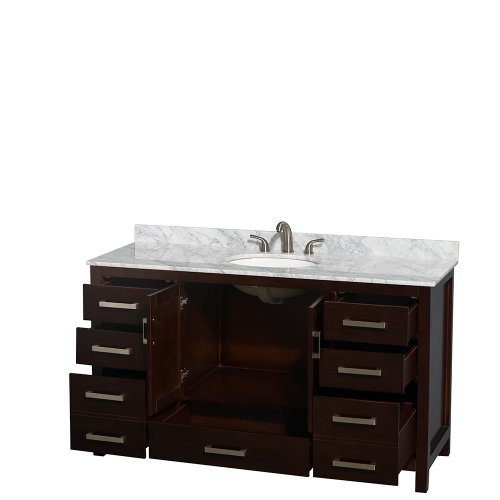 Wyndham Collection Sheffield 60 inch Single Bathroom Vanity in Espresso, White Carrara Marble Countertop, Undermount Oval Sink, and No Mirror