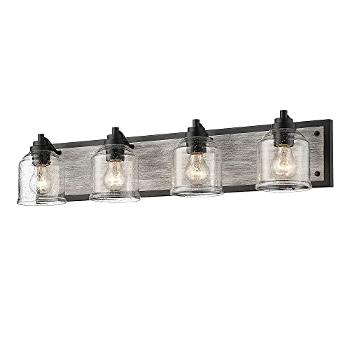 YKLITG Farmhouse Bathroom Vanity Light Fixtures, 4-Light Bathroom Vanity Light with Seeded Glass Shades, Rustic Vintage Bathroom Lights Over Mirror, BD005-4-BK