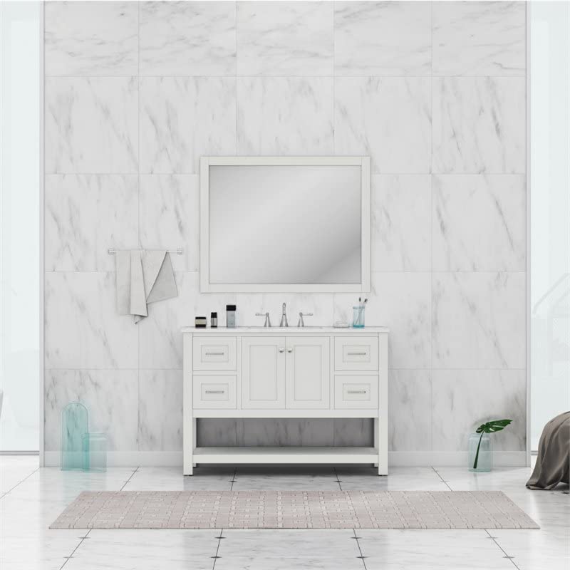 Alya Bath HE-102-48-W-CWMT Wilmington Single Bathroom Vanity with Carrera Marble Top and No Mirror, 48", White