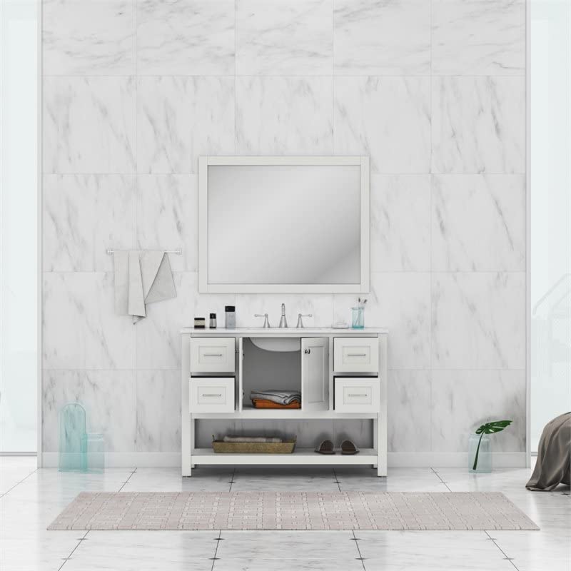 Alya Bath HE-102-48-W-CWMT Wilmington Single Bathroom Vanity with Carrera Marble Top and No Mirror, 48", White